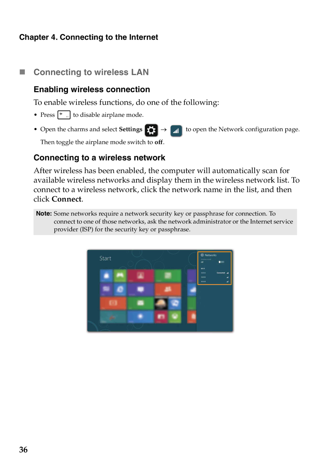 Lenovo 59359210, 4376XC5 manual „ Connecting to wireless LAN, Enabling wireless connection, Connecting to a wireless network 