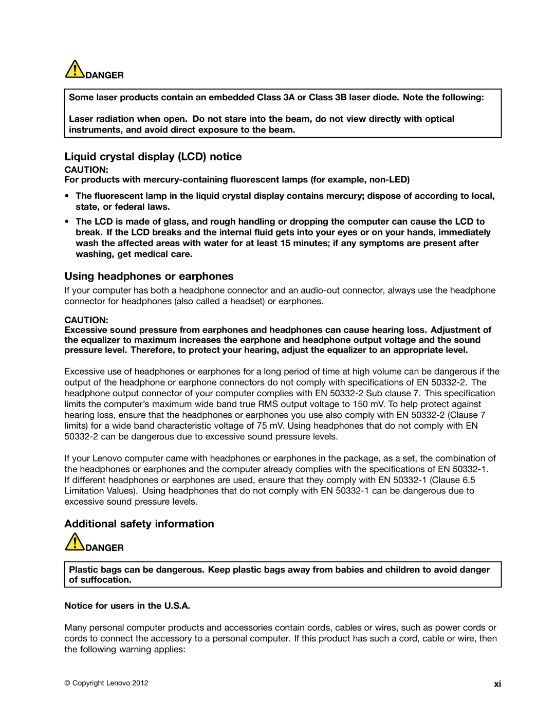 Lenovo B475E, 59360210 Liquid crystal display LCD notice, Using headphones or earphones, Additional safety information 