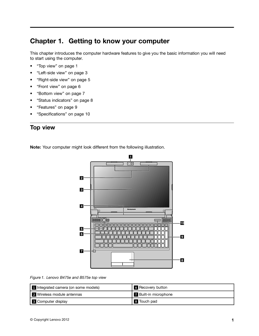 Lenovo B475E, 59360210 manual Getting to know your computer, Top view 