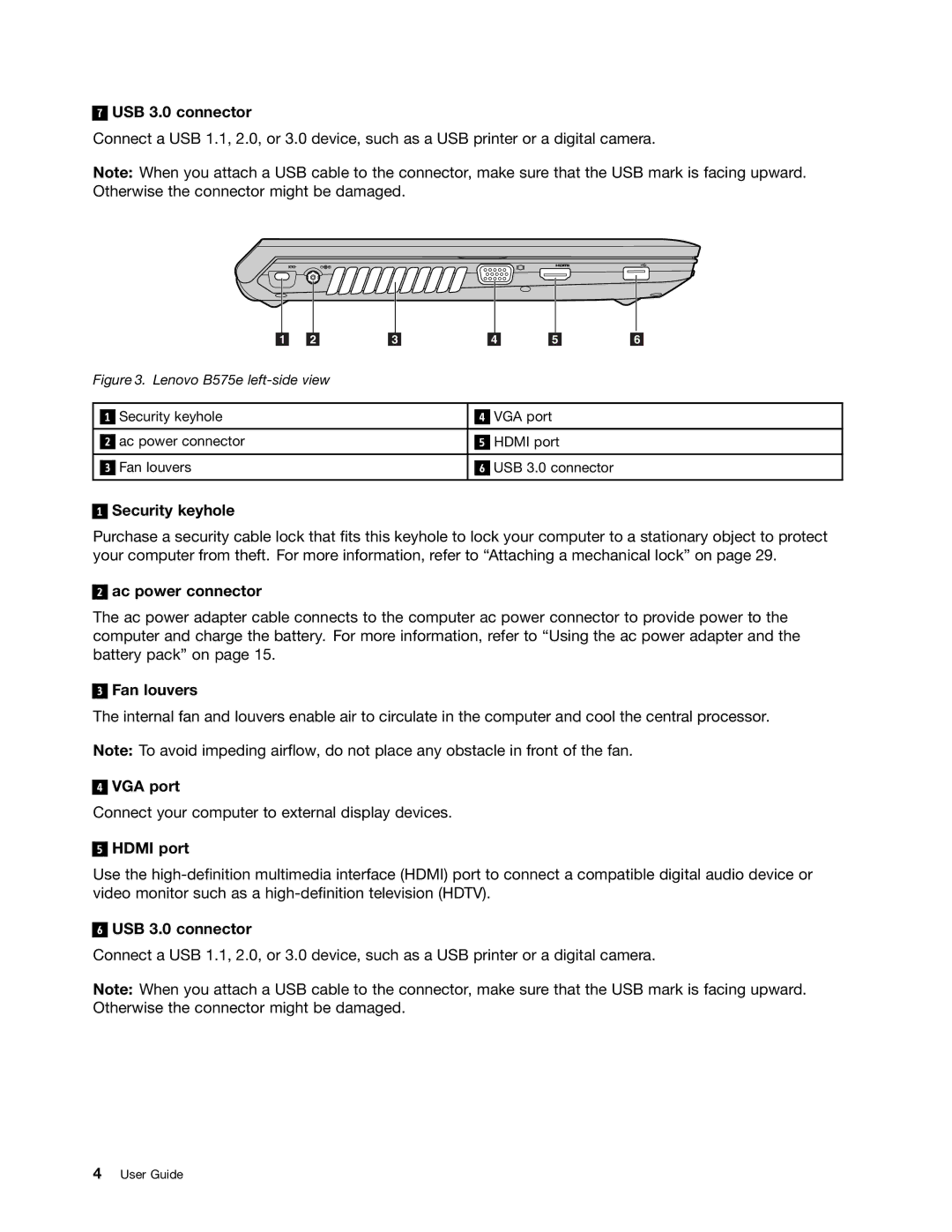 Lenovo 59360210, B475E manual USB 3.0 connector, Lenovo B575e left-side view 