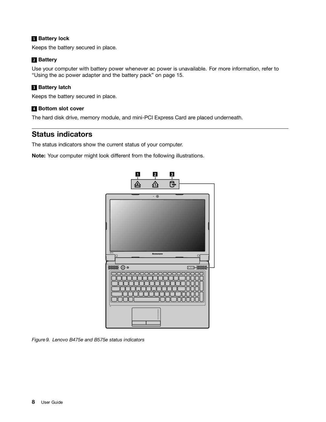 Lenovo 59360210, B475E manual Status indicators, Battery lock, Battery latch, Bottom slot cover 