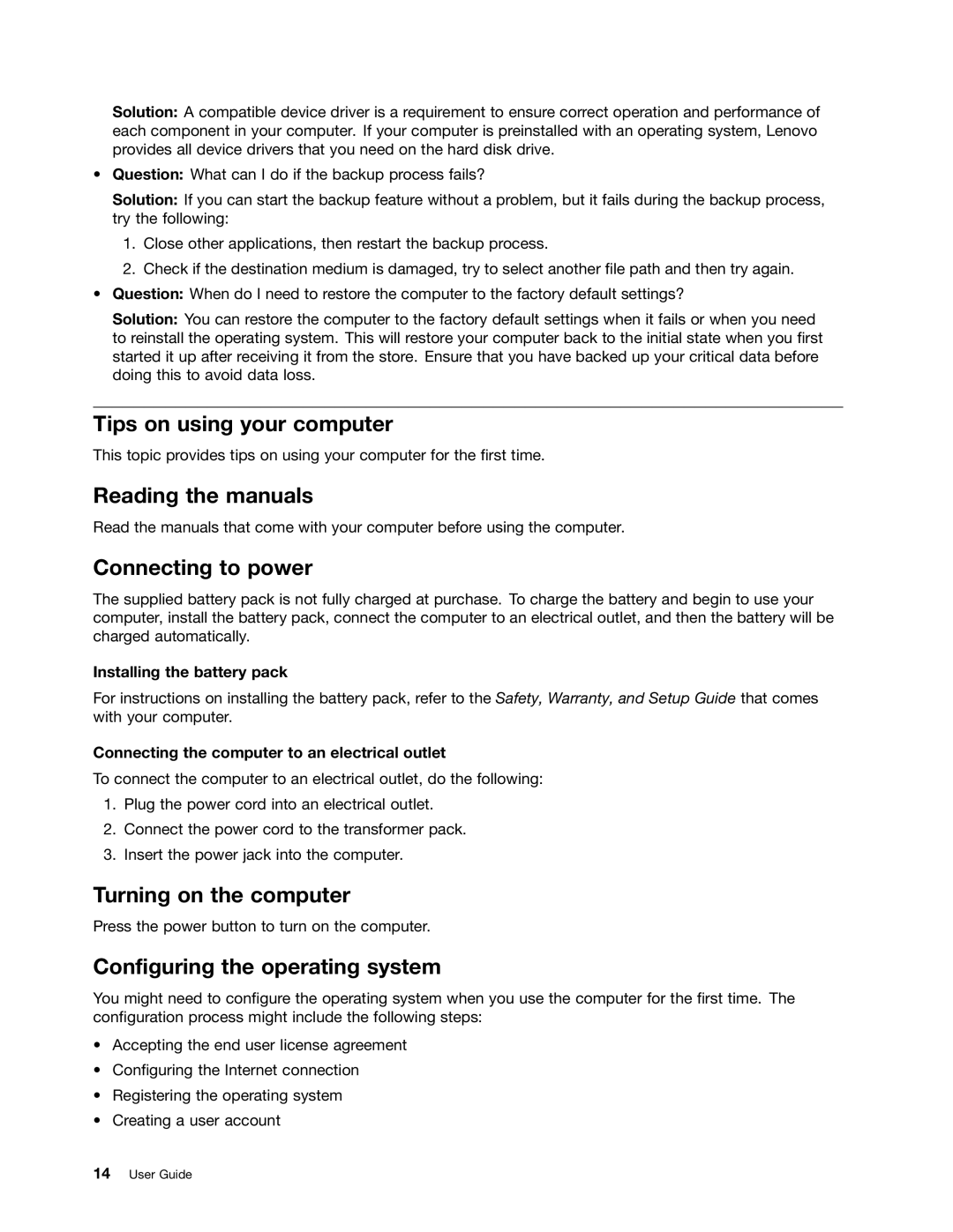 Lenovo 59360210, B475E Tips on using your computer, Reading the manuals, Connecting to power, Turning on the computer 