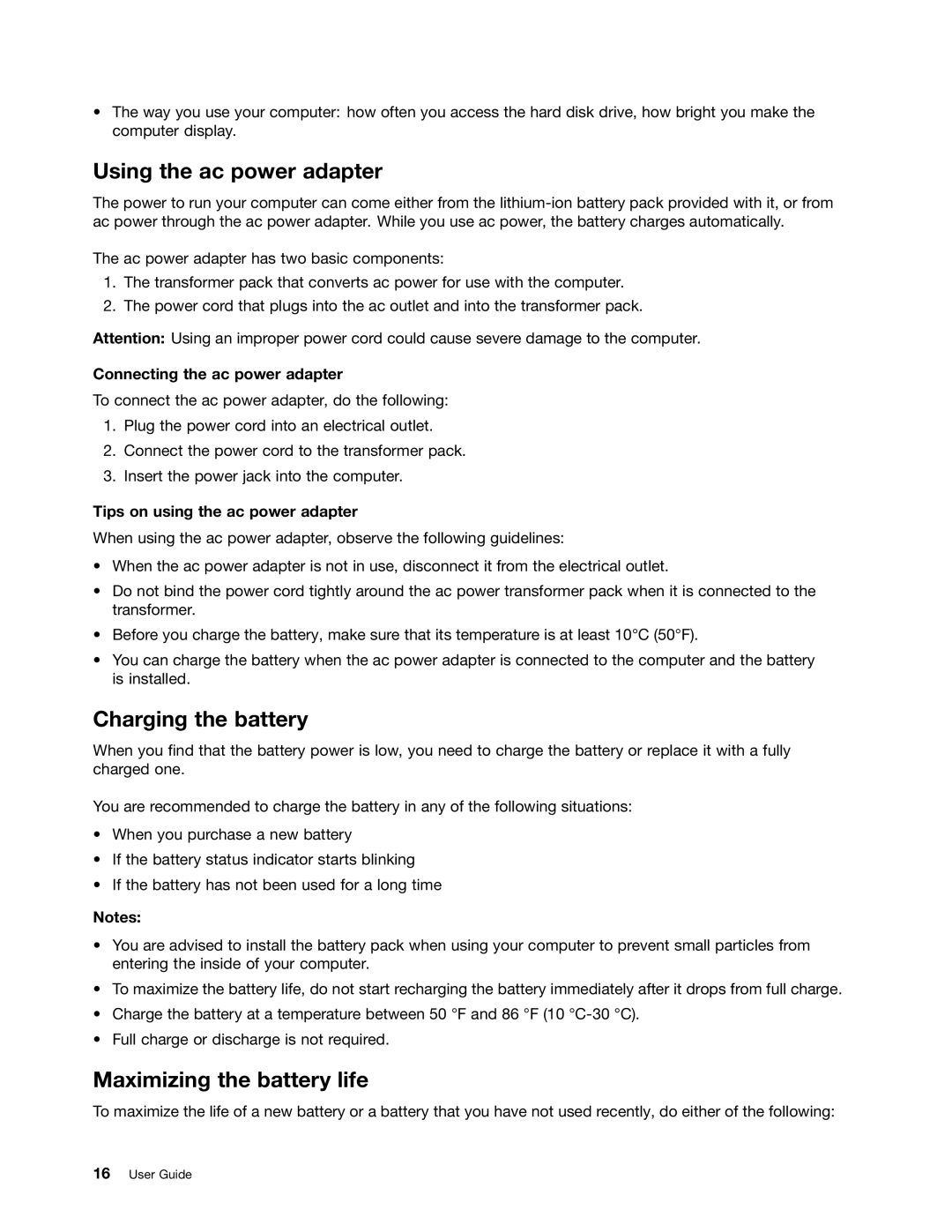 Lenovo 59360210, B475E manual Using the ac power adapter, Charging the battery, Maximizing the battery life 