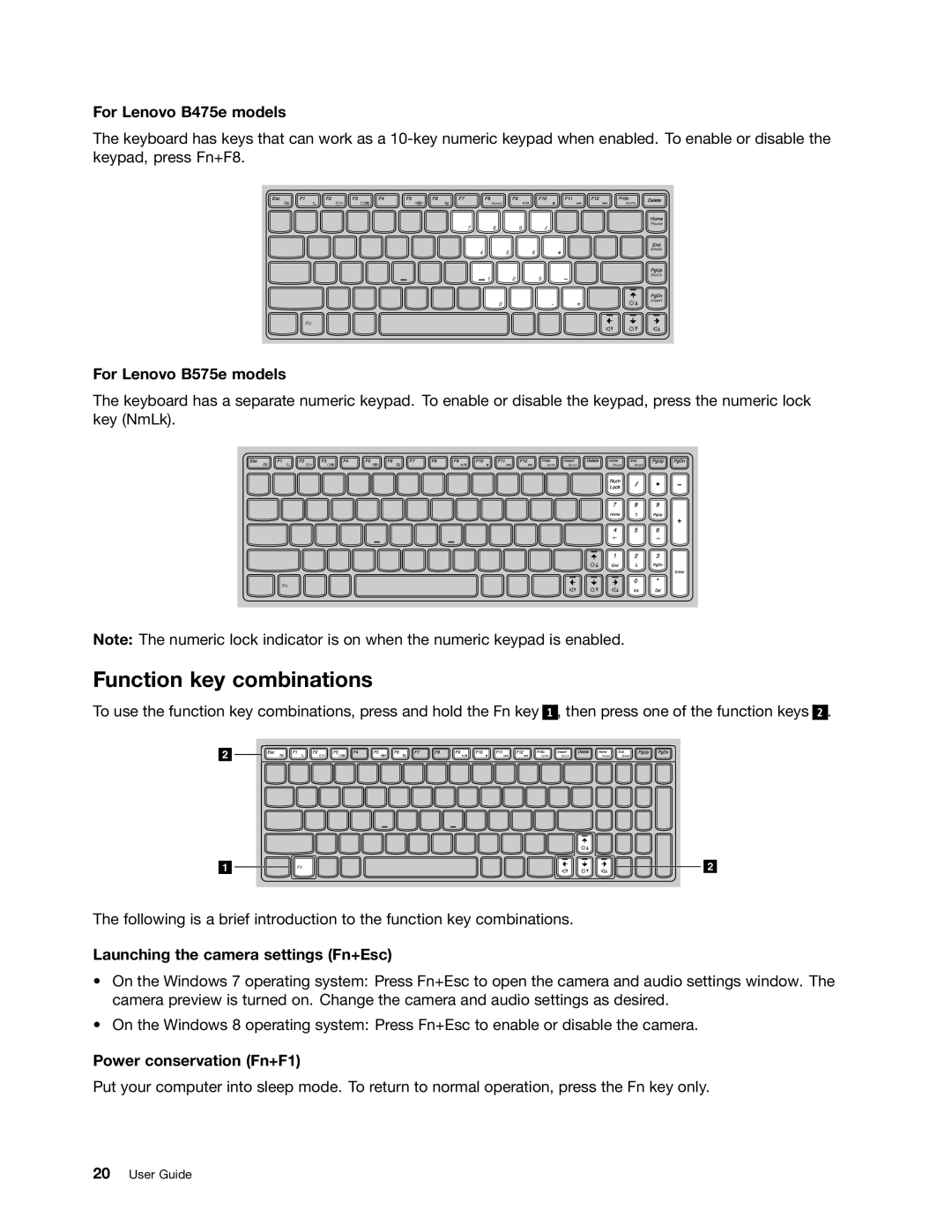 Lenovo 59360210 Function key combinations, For Lenovo B475e models, For Lenovo B575e models, Power conservation Fn+F1 