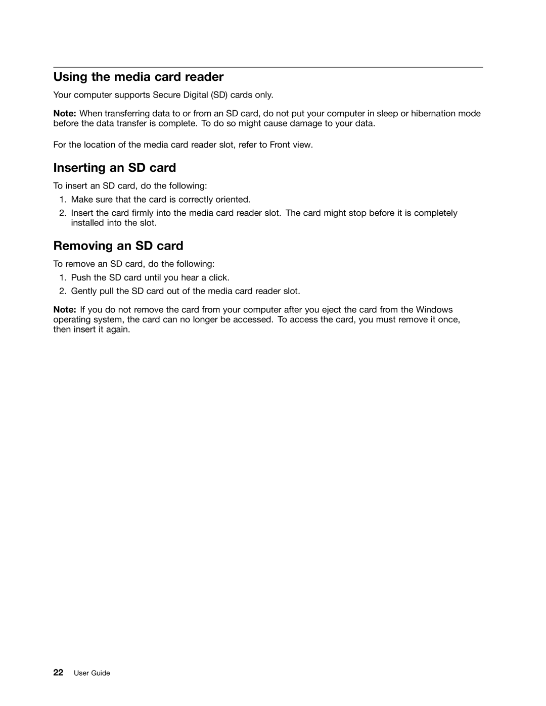 Lenovo 59360210, B475E manual Using the media card reader, Inserting an SD card, Removing an SD card 