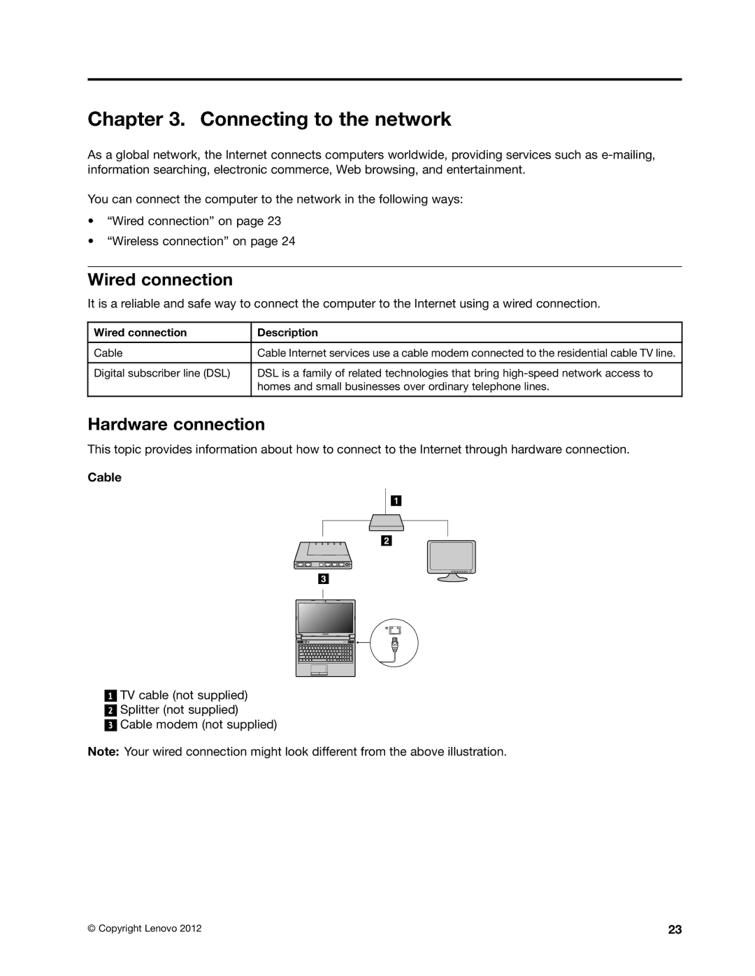 Lenovo B475E, 59360210 manual Connecting to the network, Wired connection, Hardware connection, Cable 