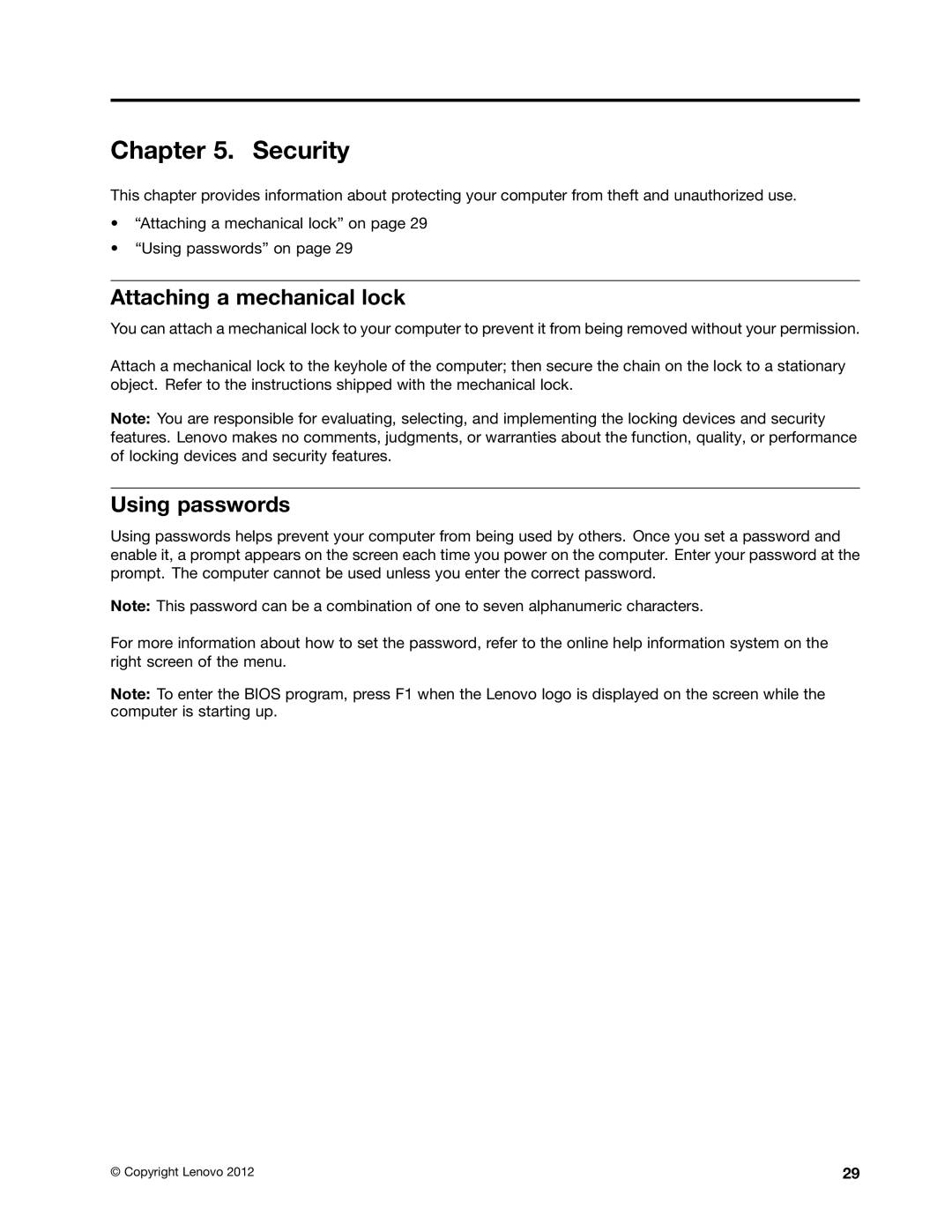 Lenovo B475E, 59360210 manual Security, Attaching a mechanical lock, Using passwords 