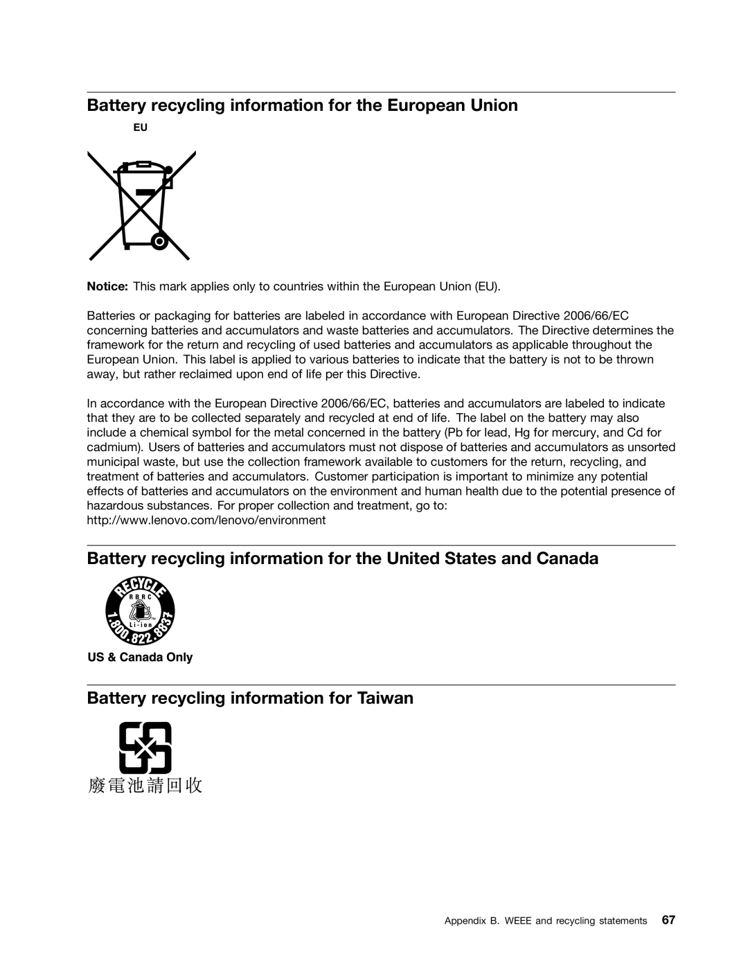 Lenovo B475E, 59360210 manual Battery recycling information for the European Union 