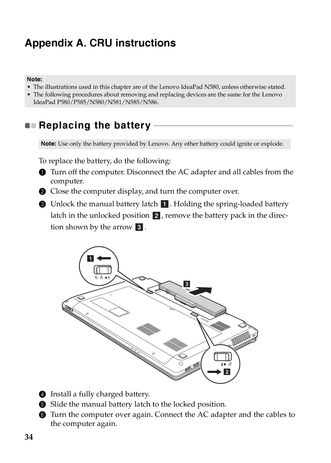 Lenovo N581, 59365302, P585, P580, N586, N585, N580, 7540XF1 manual Appendix A. CRU instructions, Replacing the battery 