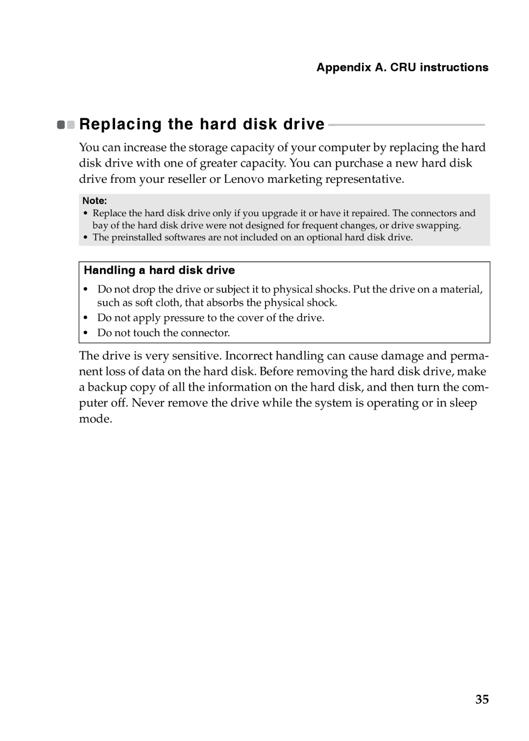 Lenovo 7540XF1, 59365302, P585, P580, N586, N585, N580, N581 manual Appendix A. CRU instructions, Handling a hard disk drive 