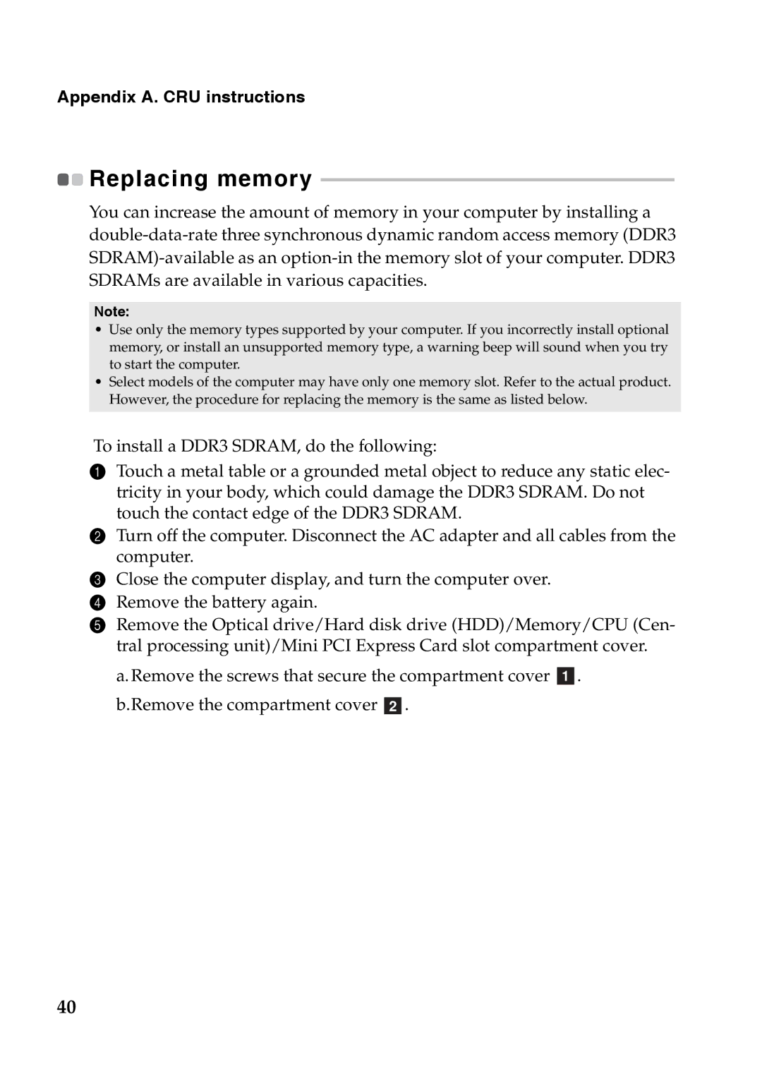 Lenovo N585, 59365302, P585, P580, N586, N580, N581, 7540XF1 manual Replacing memory 