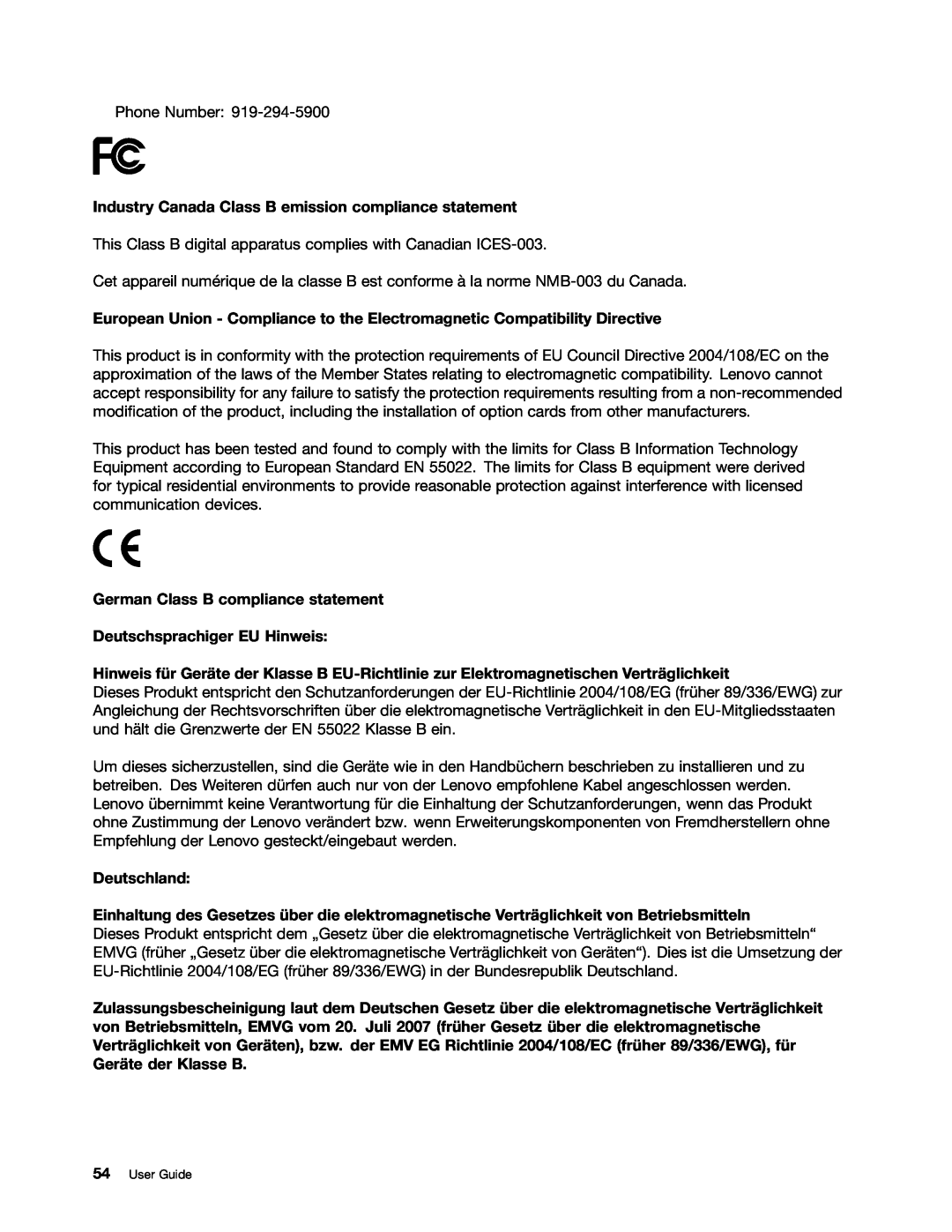 Lenovo B490, 59366616, B590 manual Industry Canada Class B emission compliance statement, Deutschland 