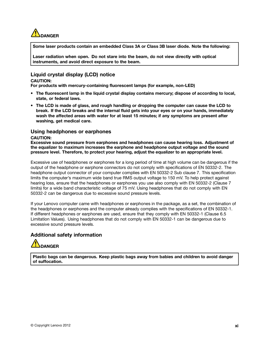 Lenovo B590, 59366616, B490 Liquid crystal display LCD notice, Using headphones or earphones, Additional safety information 