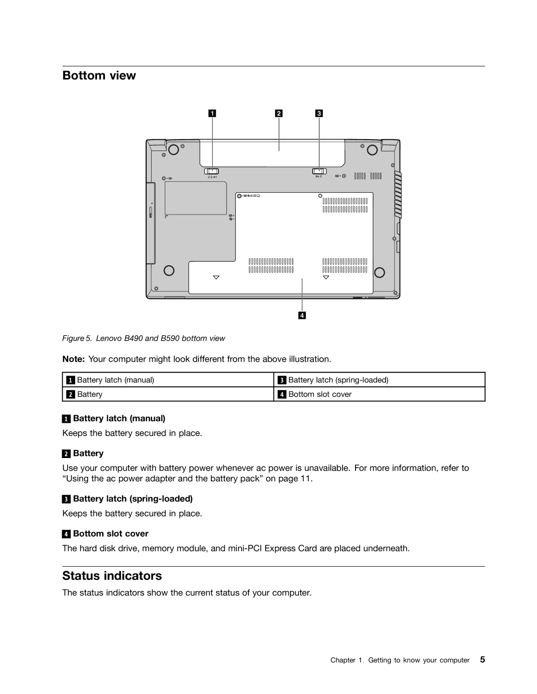 Lenovo B590, 59366616, B490 manual Bottom view, Status indicators 