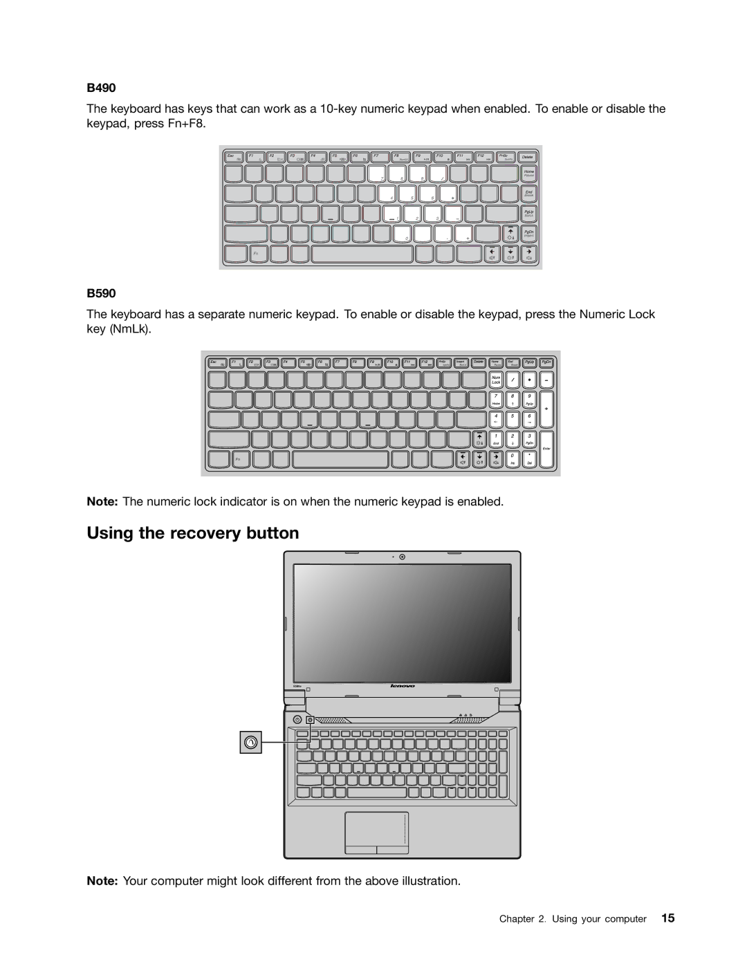 Lenovo B490, 59366616 manual Using the recovery button, B590 