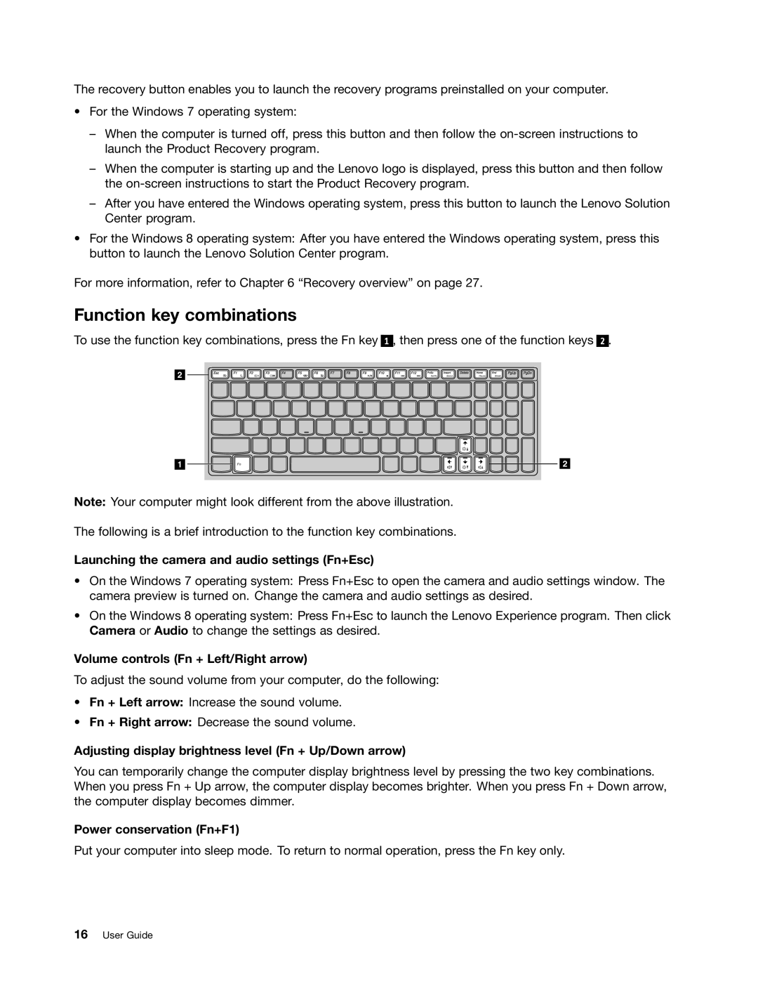 Lenovo 59366616, B590 Function key combinations, Launching the camera and audio settings Fn+Esc, Power conservation Fn+F1 