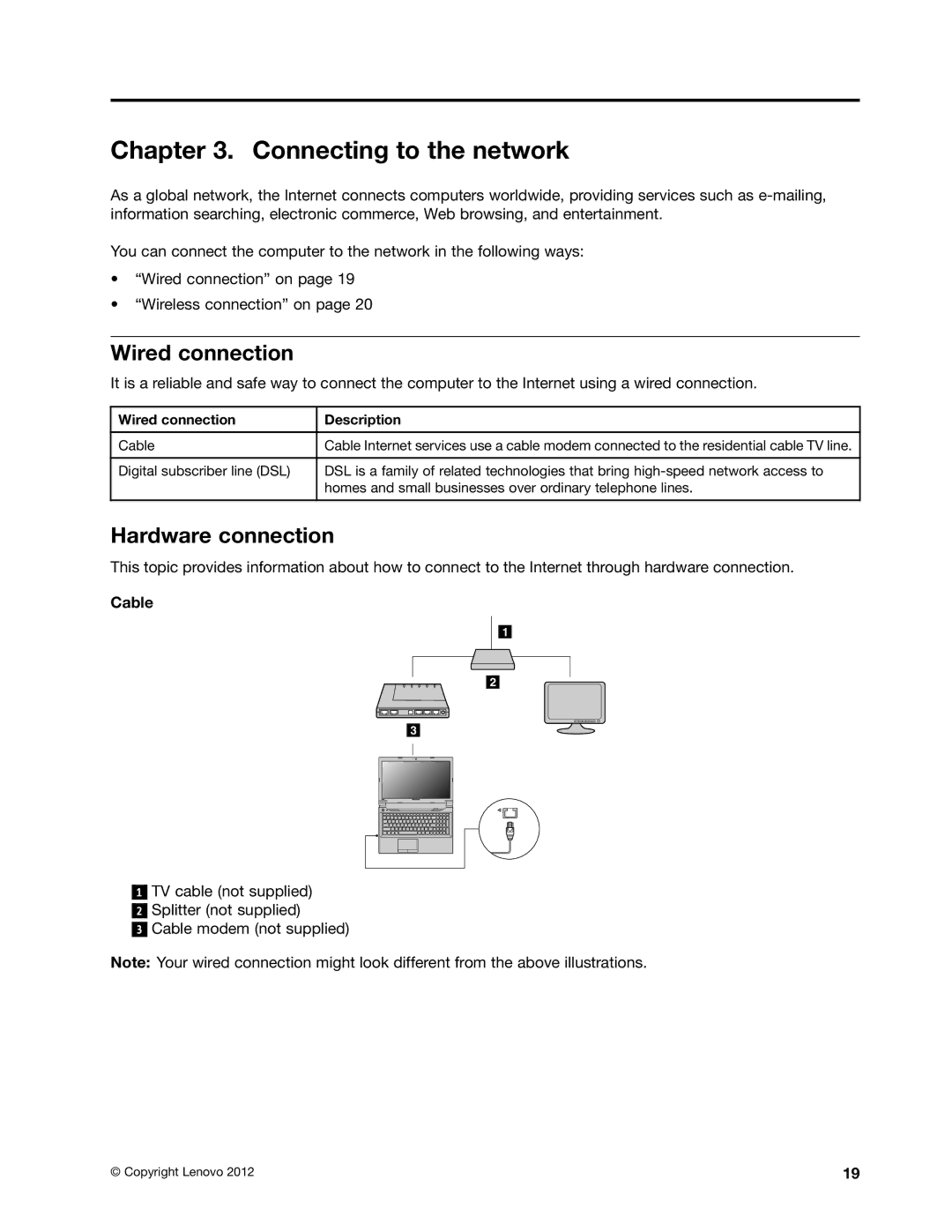 Lenovo 59366616, B590, B490 manual Connecting to the network, Wired connection, Hardware connection, Cable 