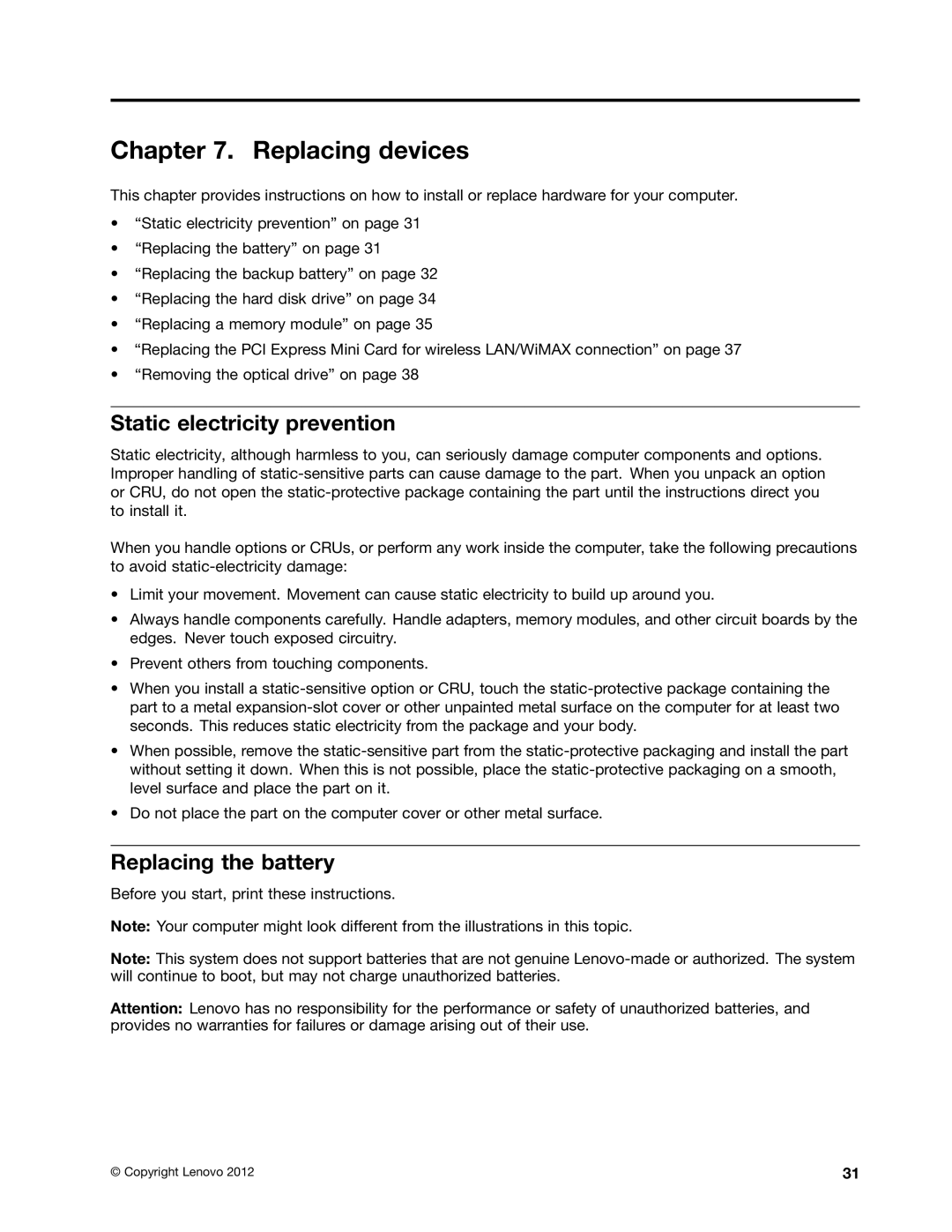 Lenovo 59366616, B590, B490 manual Replacing devices, Static electricity prevention, Replacing the battery 