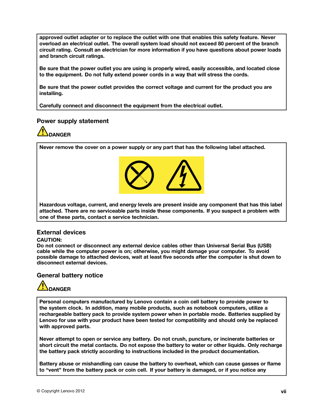 Lenovo 59366616, B590, B490 manual Power supply statement, External devices, General battery notice 