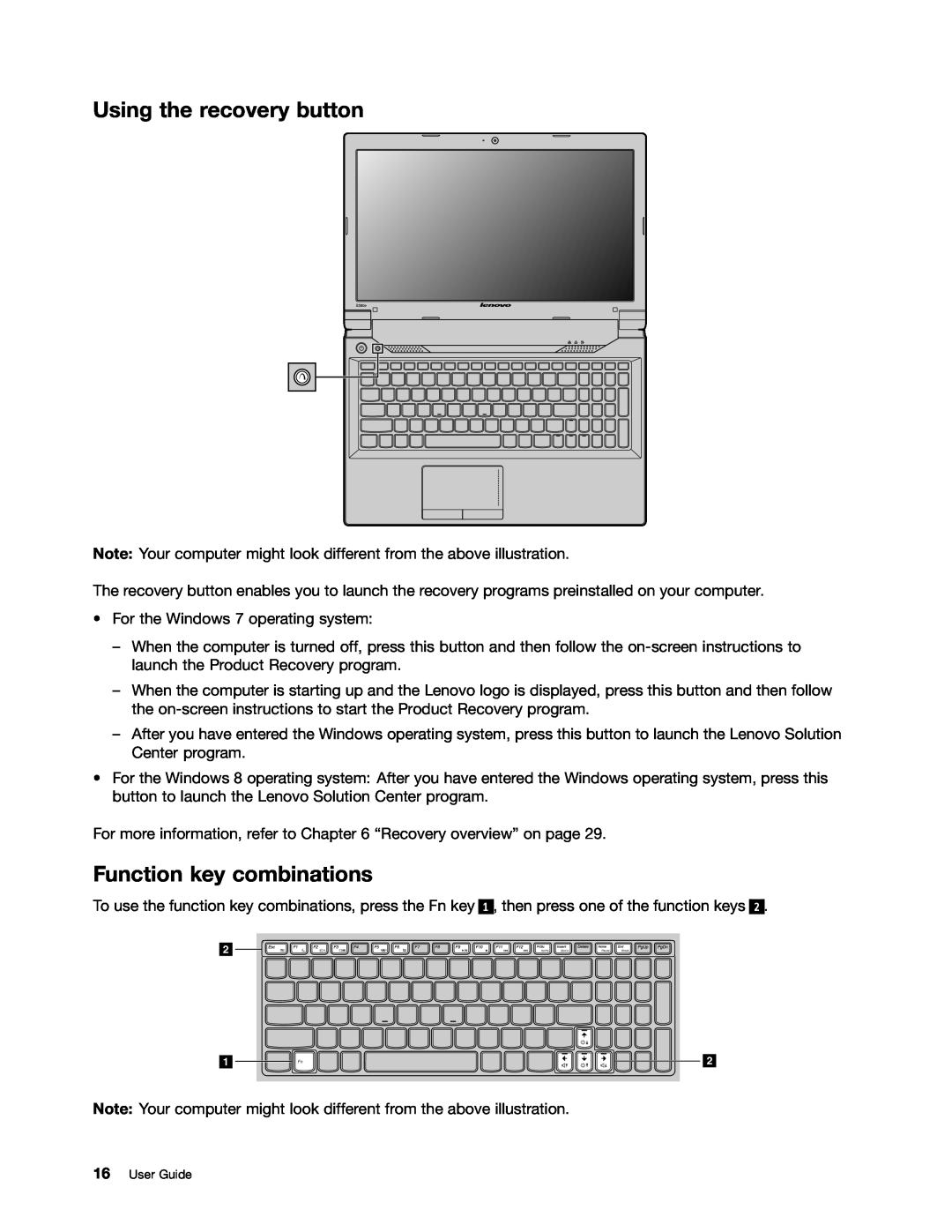 Lenovo 59366616 manual Using the recovery button, Function key combinations, User Guide 
