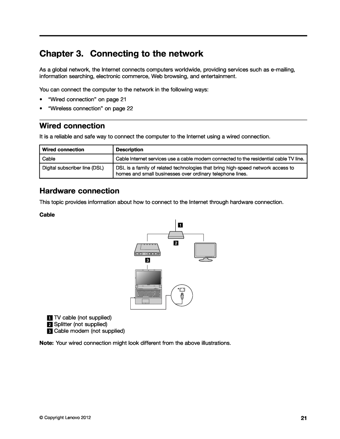 Lenovo 59366616 manual Connecting to the network, Wired connection, Hardware connection, Cable 