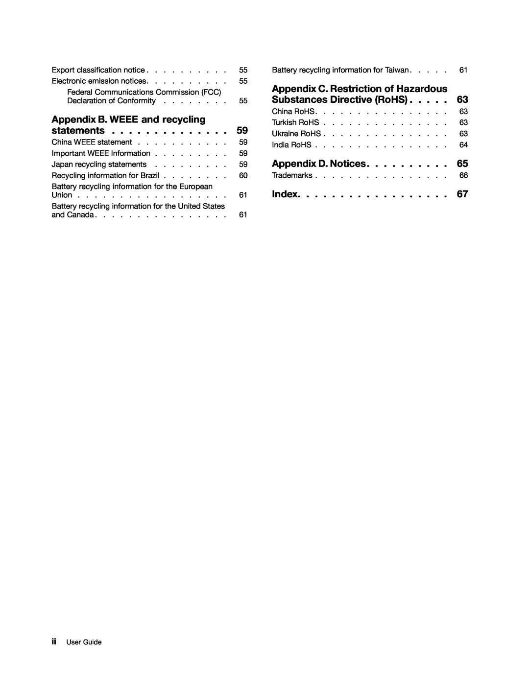 Lenovo 59366616 Appendix B. WEEE and recycling, statements, Appendix C. Restriction of Hazardous, Appendix D. Notices 