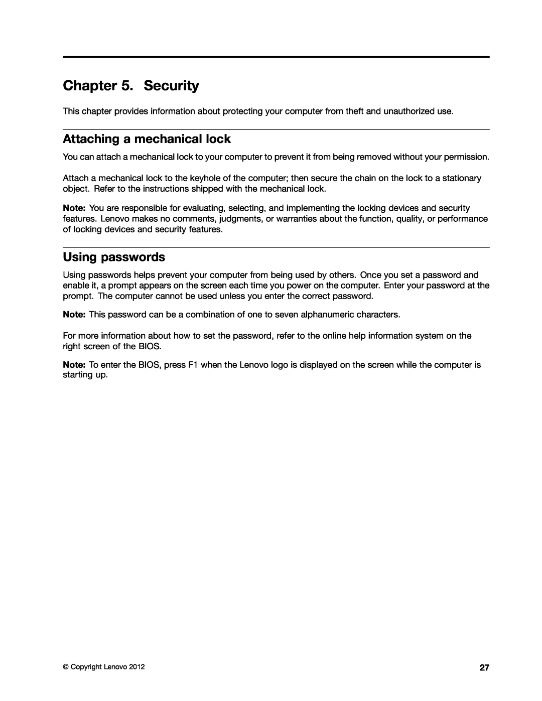 Lenovo 59366616 manual Security, Attaching a mechanical lock, Using passwords 