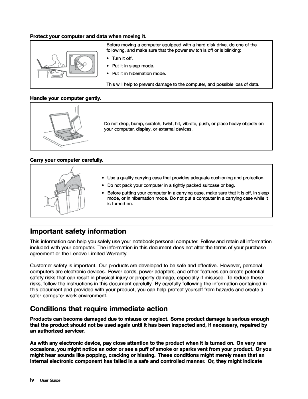 Lenovo 59366616 manual Important safety information, Conditions that require immediate action, Handle your computer gently 