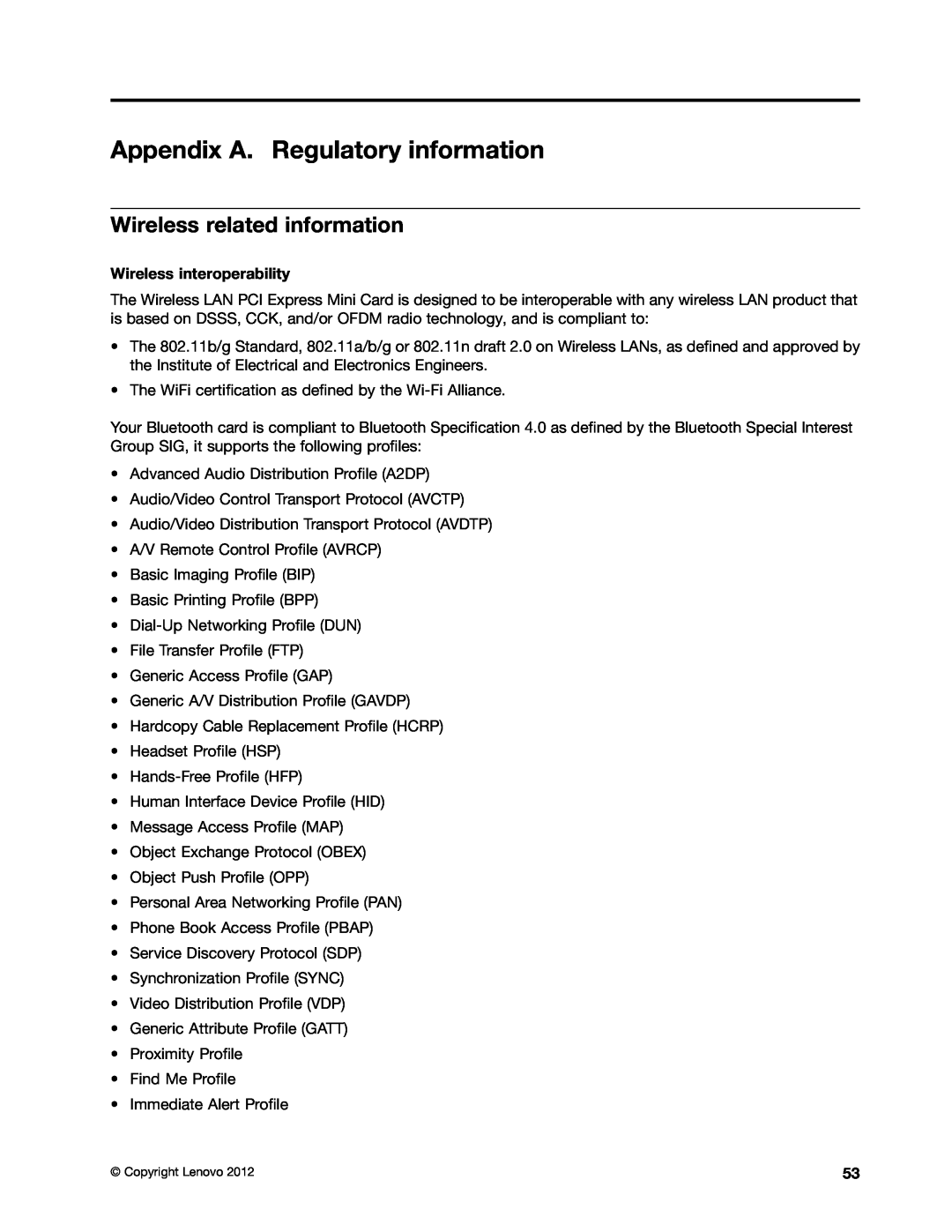Lenovo 59366616 manual Appendix A. Regulatory information, Wireless related information, Wireless interoperability 