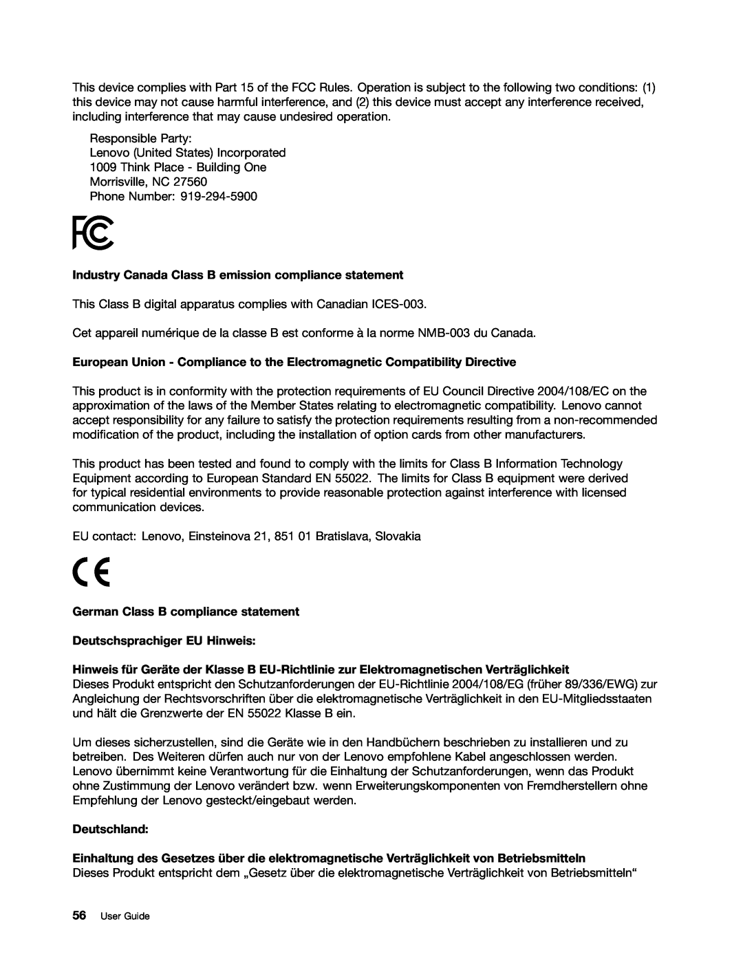 Lenovo 59366616 manual Industry Canada Class B emission compliance statement, Deutschland 