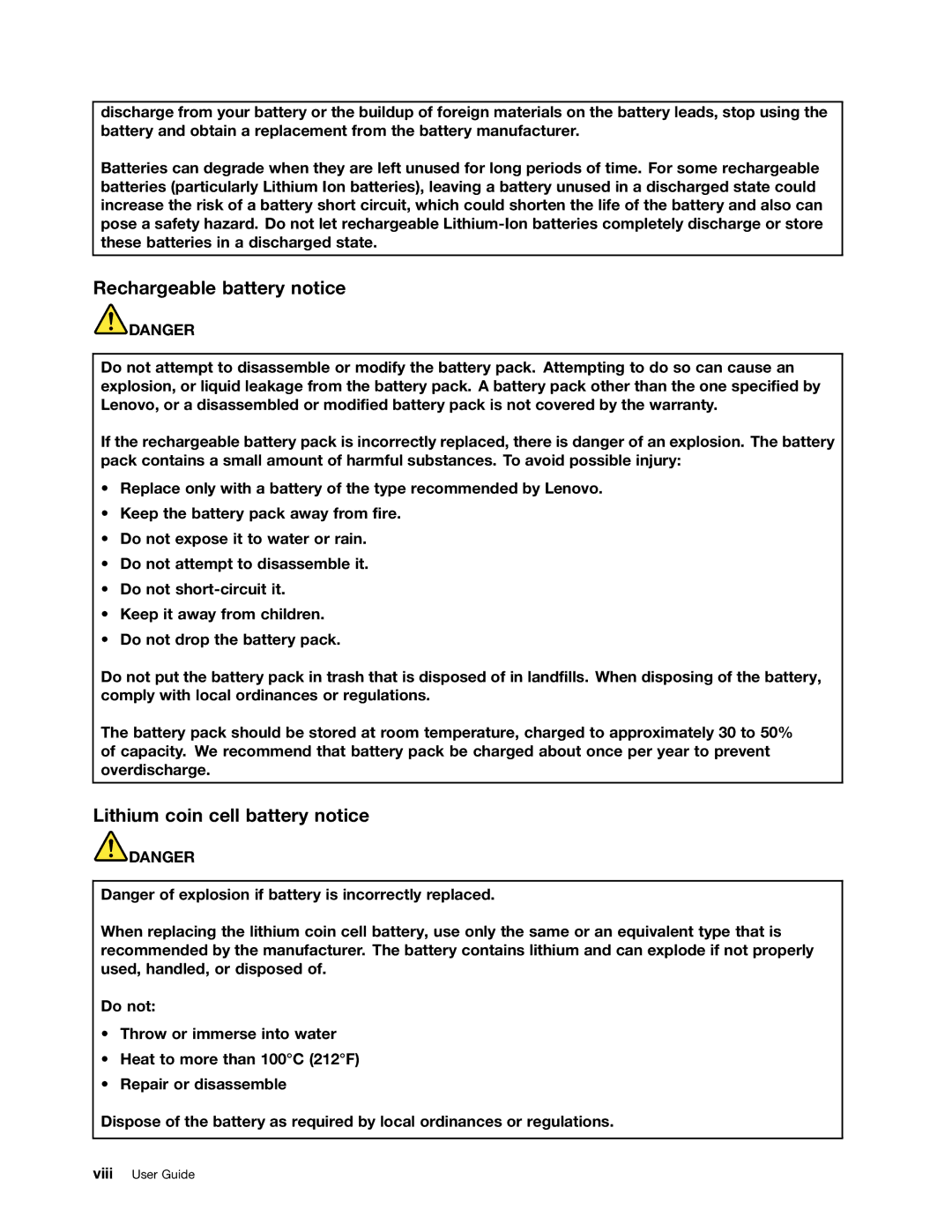 Lenovo 59366616 manual Rechargeable battery notice, Lithium coin cell battery notice 