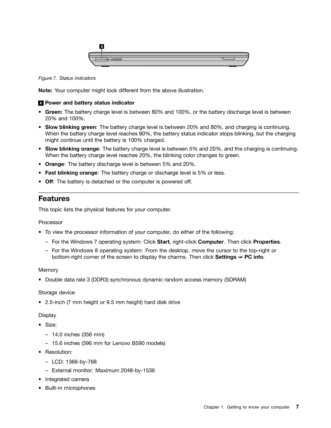 Lenovo 59366616 manual Features, Power and battery status indicator 