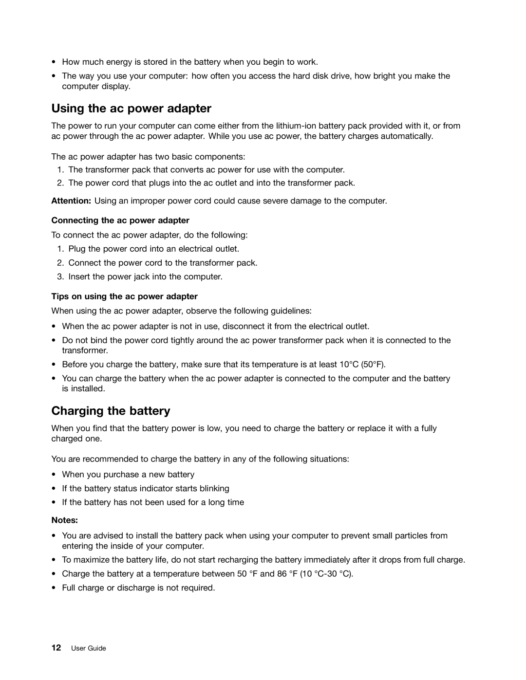 Lenovo 59366616 manual Using the ac power adapter, Charging the battery, Connecting the ac power adapter 