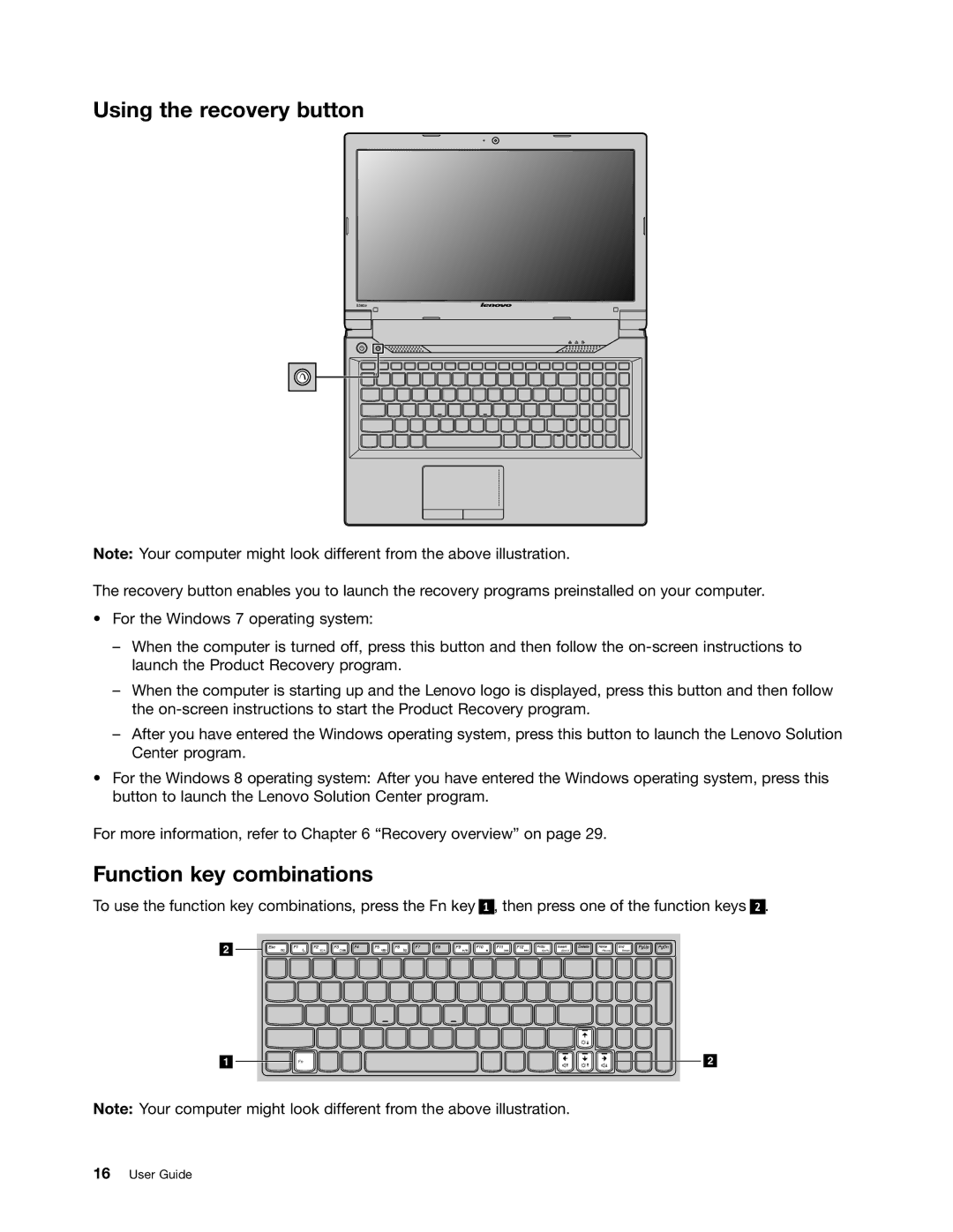 Lenovo 59366616 manual Using the recovery button, Function key combinations 