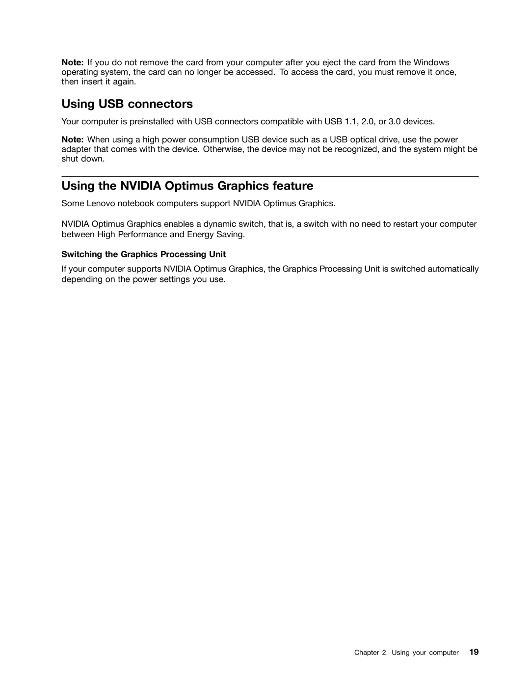 Lenovo 59366616 Using USB connectors, Using the Nvidia Optimus Graphics feature, Switching the Graphics Processing Unit 