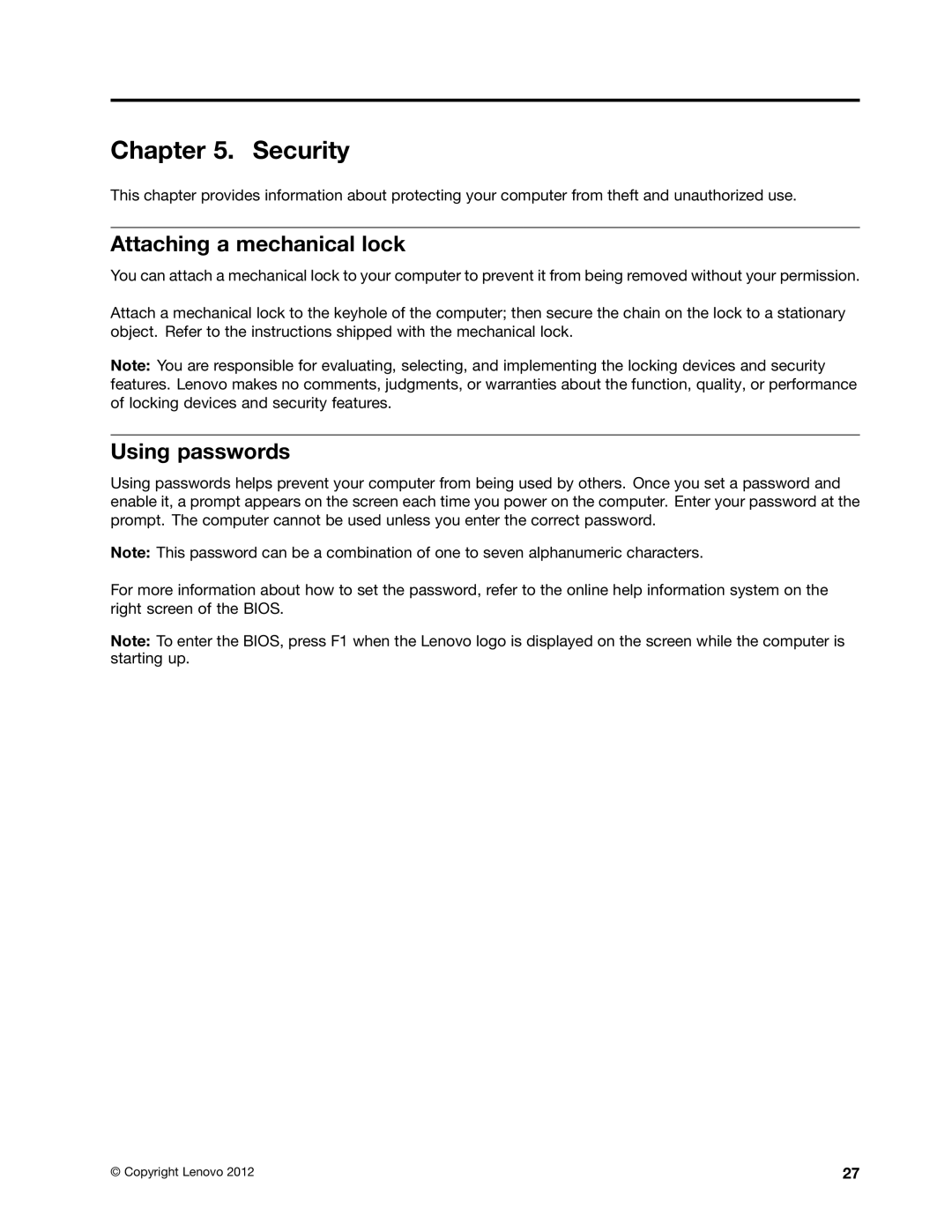 Lenovo 59366616 manual Security, Attaching a mechanical lock, Using passwords 