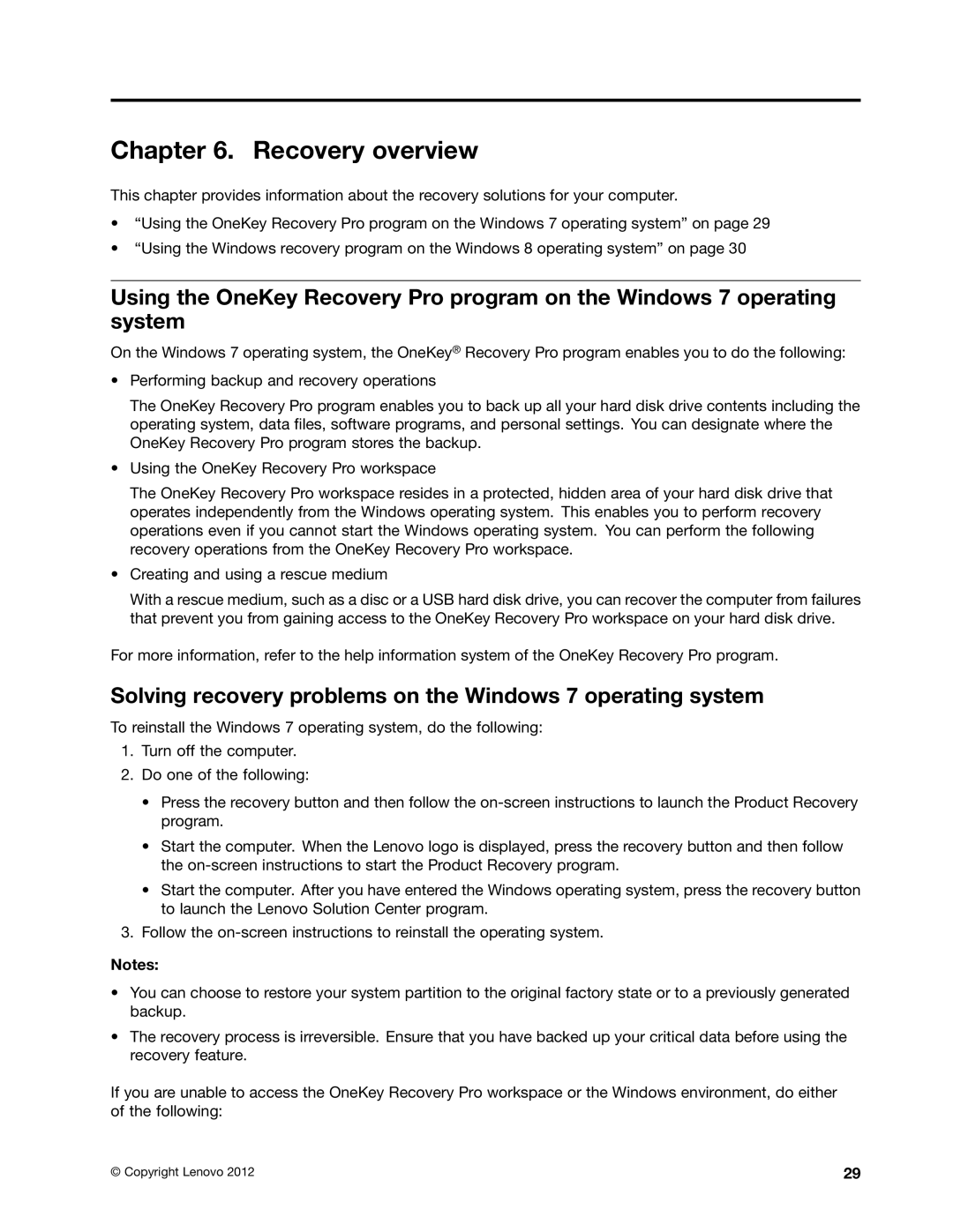 Lenovo 59366616 manual Recovery overview, Solving recovery problems on the Windows 7 operating system 