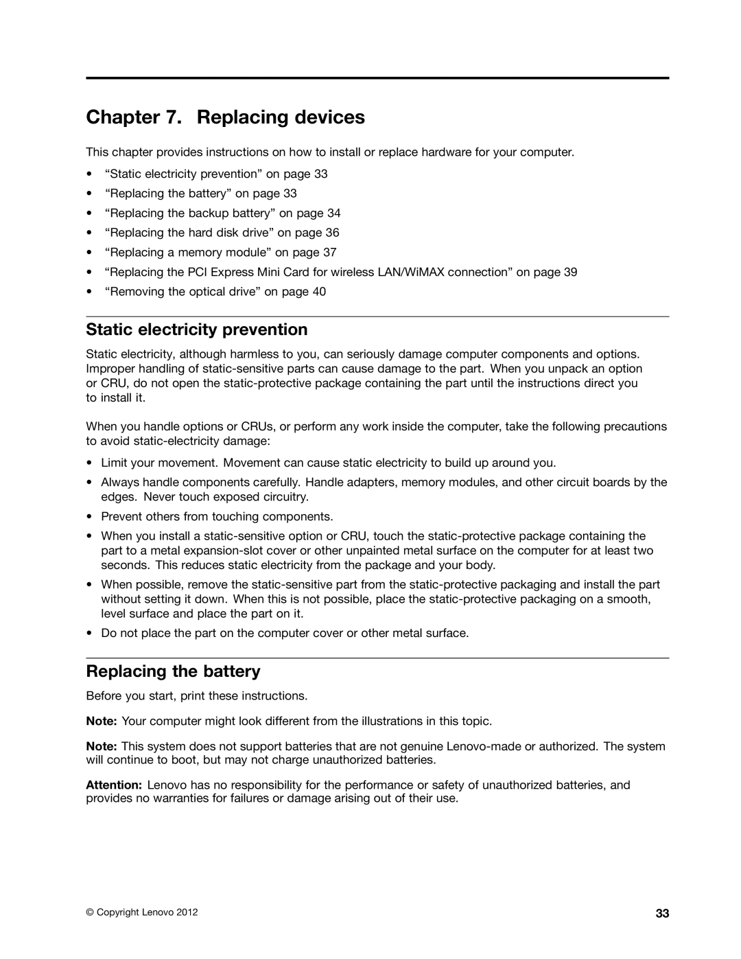 Lenovo 59366616 manual Replacing devices, Static electricity prevention, Replacing the battery 