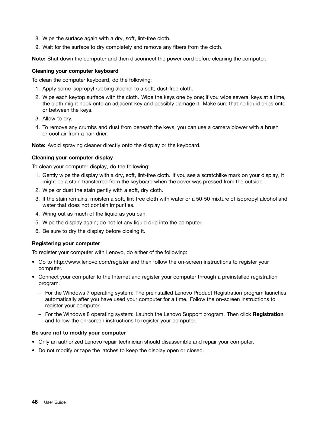 Lenovo 59366616 manual Cleaning your computer keyboard, Cleaning your computer display, Registering your computer 