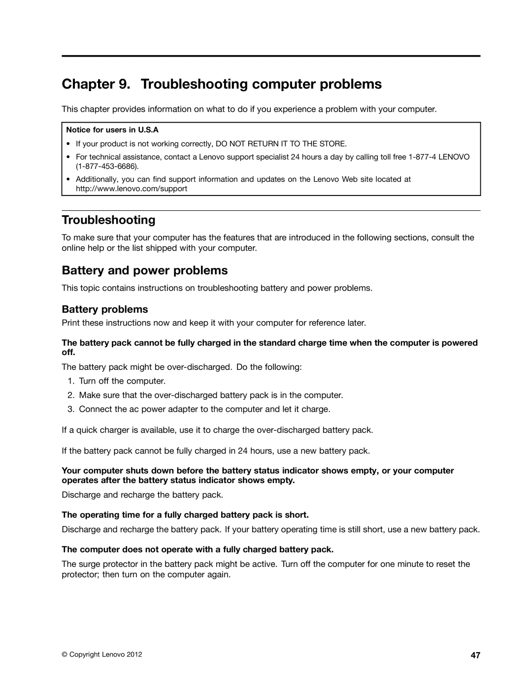 Lenovo 59366616 manual Troubleshooting computer problems, Battery and power problems, Battery problems 