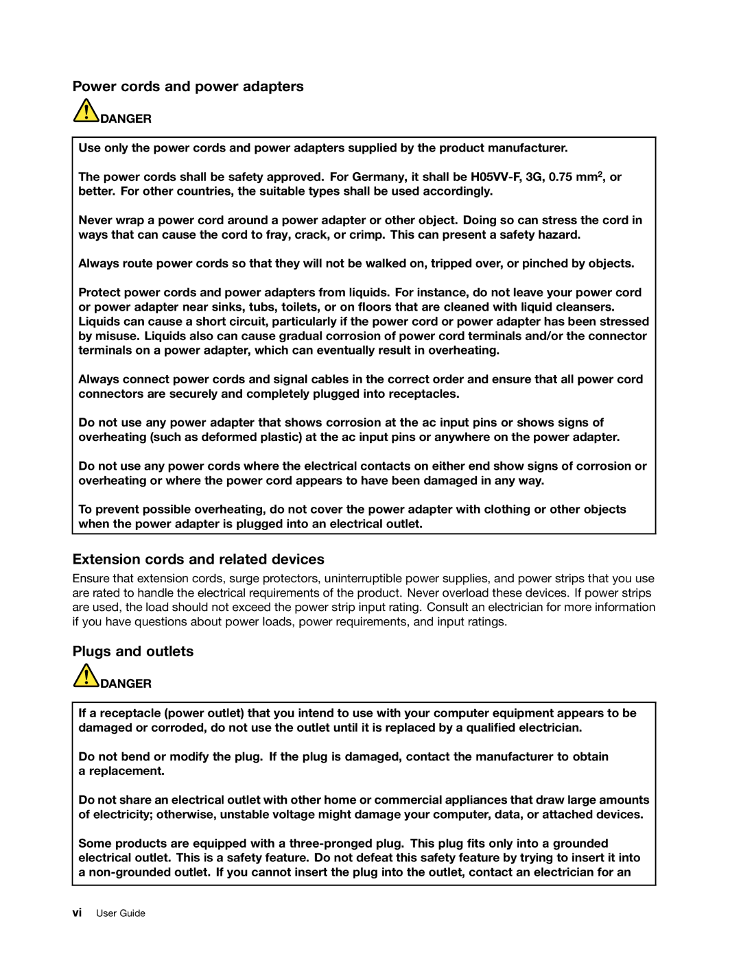 Lenovo 59366616 manual Power cords and power adapters, Extension cords and related devices, Plugs and outlets 