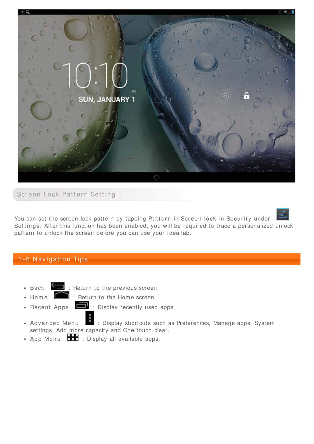 Lenovo 59368543 manual Screen Lock Pattern Setting, Navigation Tips 