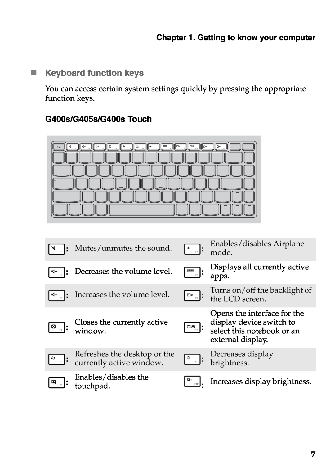 Lenovo 59373026, 59373006 manual „ Keyboard function keys, G400s/G405s/G400s Touch, Getting to know your computer 