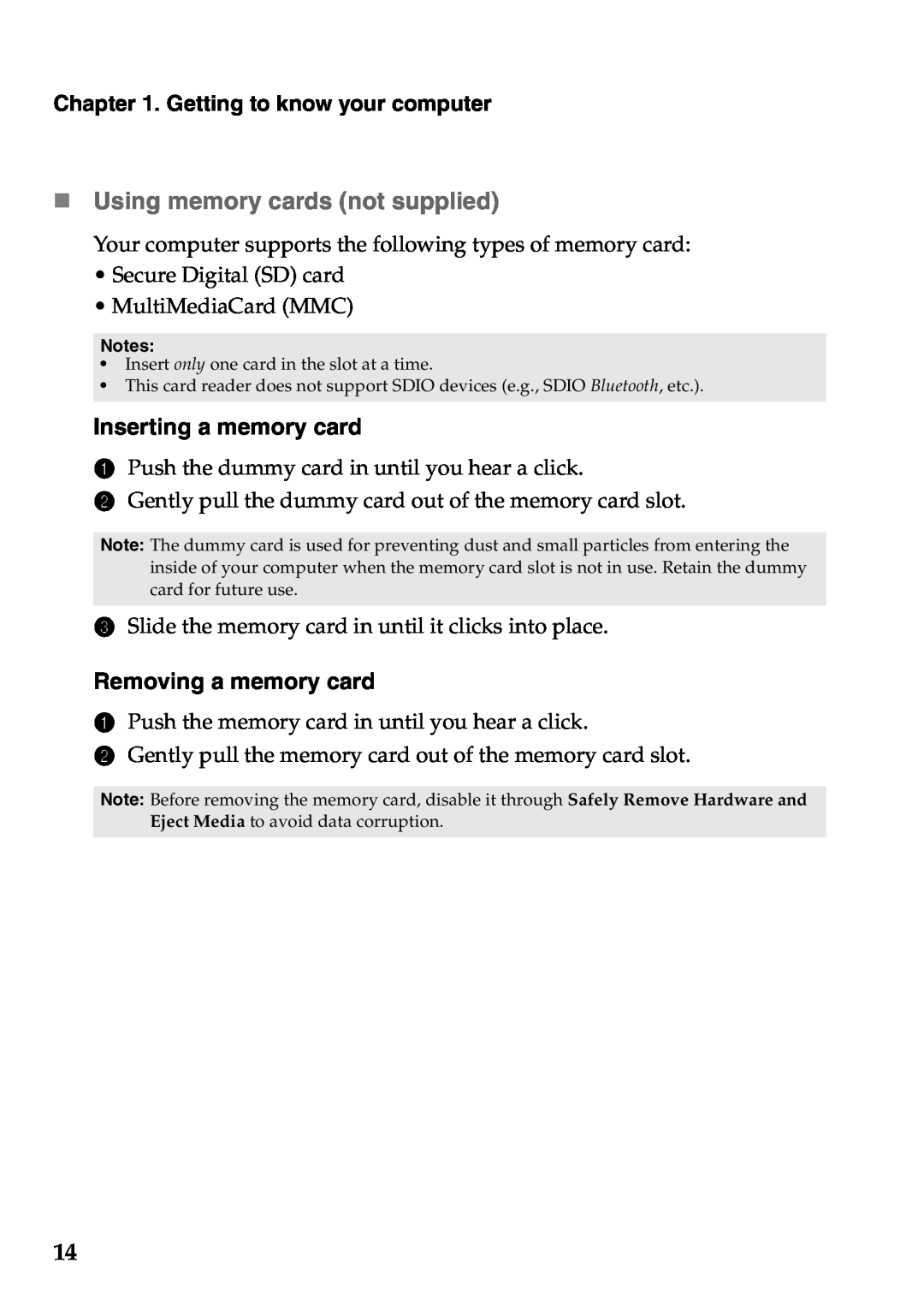 Lenovo 59373006, 59373026 manual „ Using memory cards not supplied, Inserting a memory card, Removing a memory card 