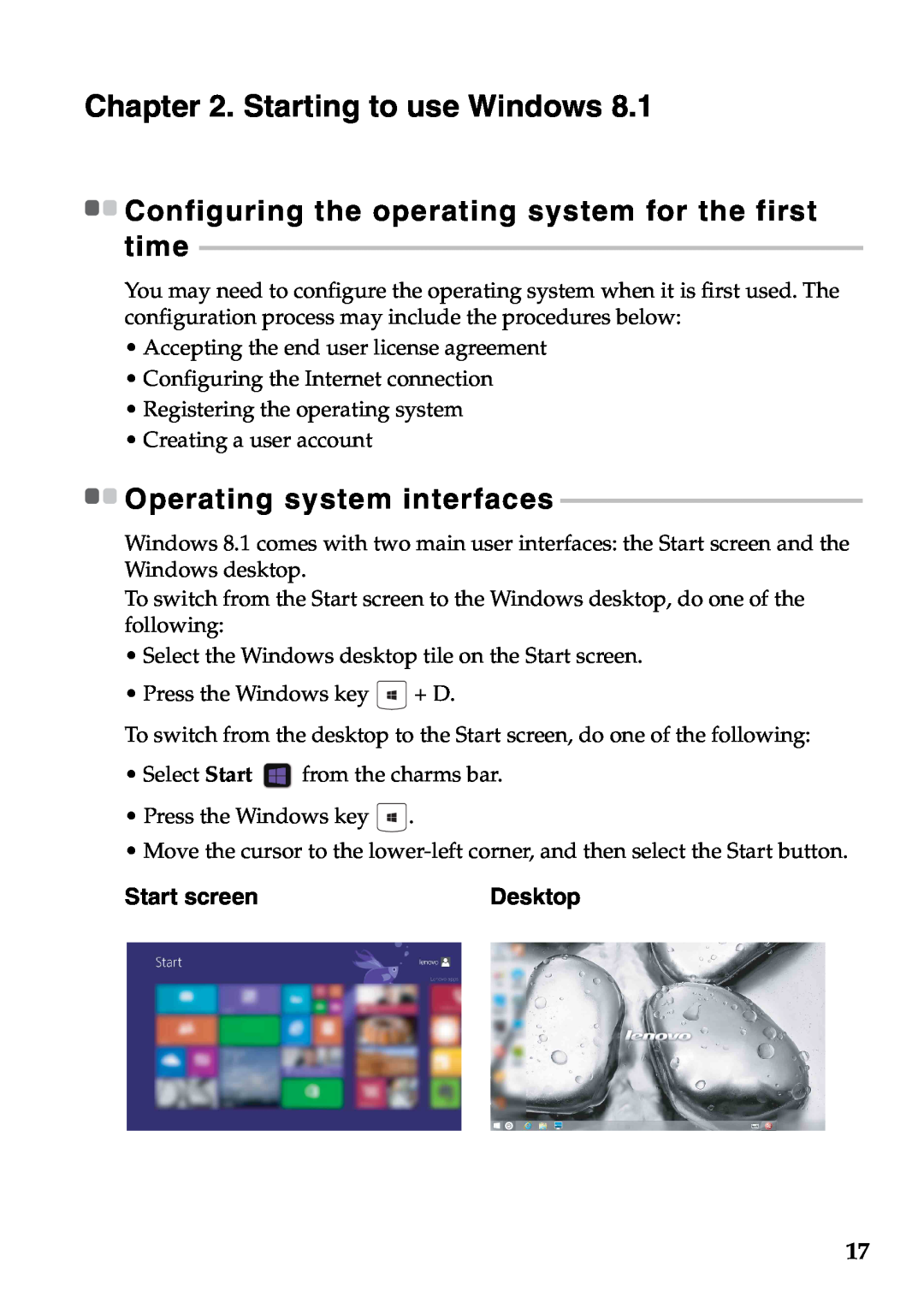 Lenovo 59373026, 59373006 manual Starting to use Windows, Operating system interfaces, Start screen, Desktop 