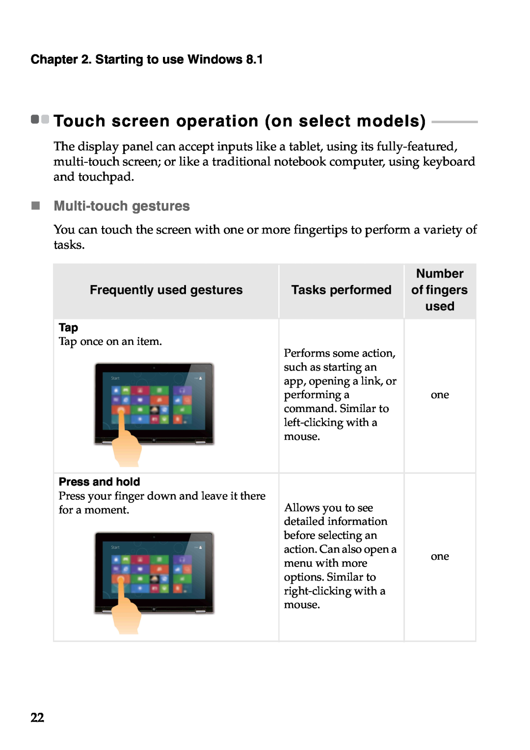 Lenovo 59373006, 59373026 manual „ Multi-touch gestures, Number, Frequently used gestures, Tasks performed, of fingers 