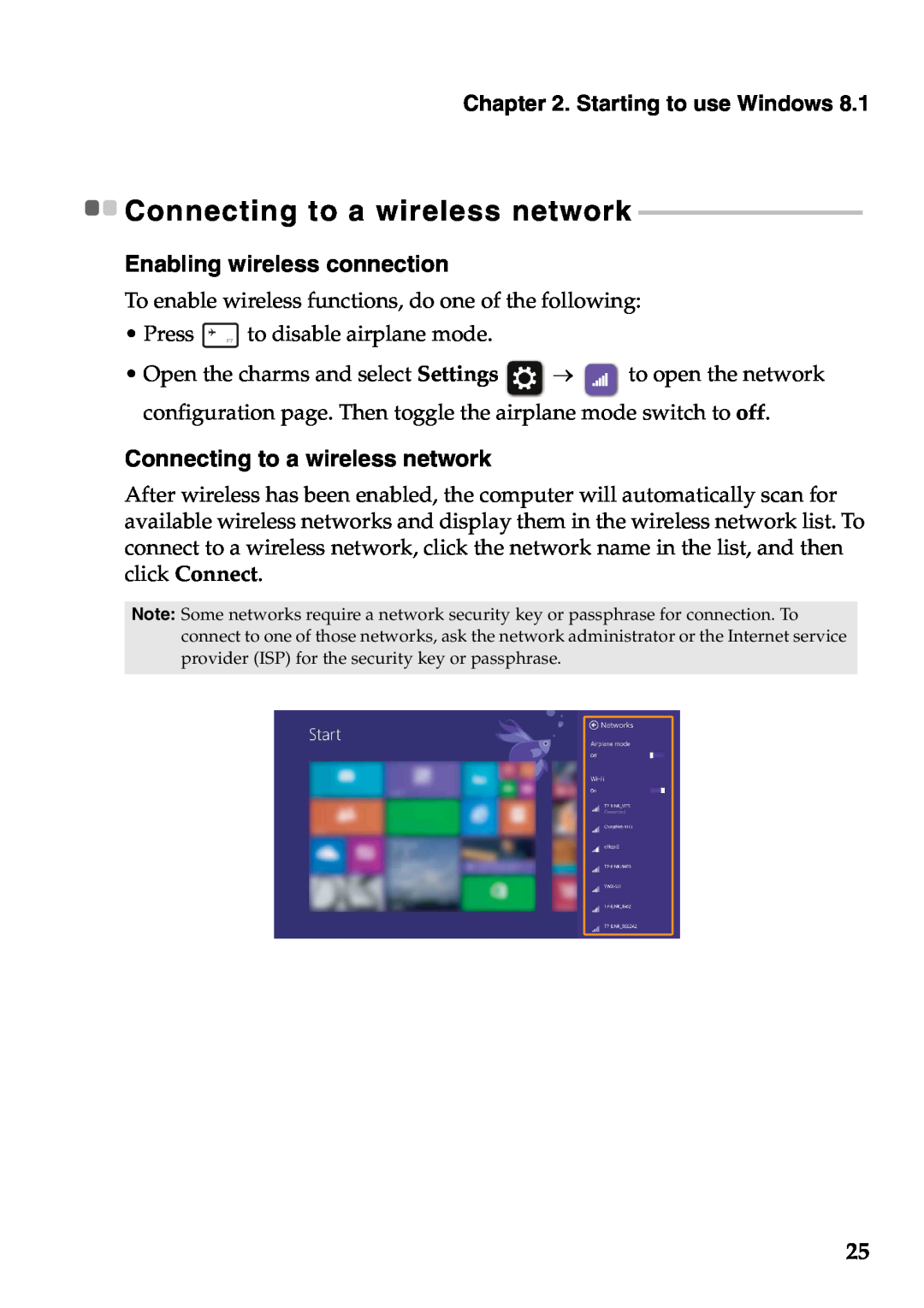 Lenovo 59373026, 59373006 manual Connecting to a wireless network, Enabling wireless connection, Starting to use Windows 