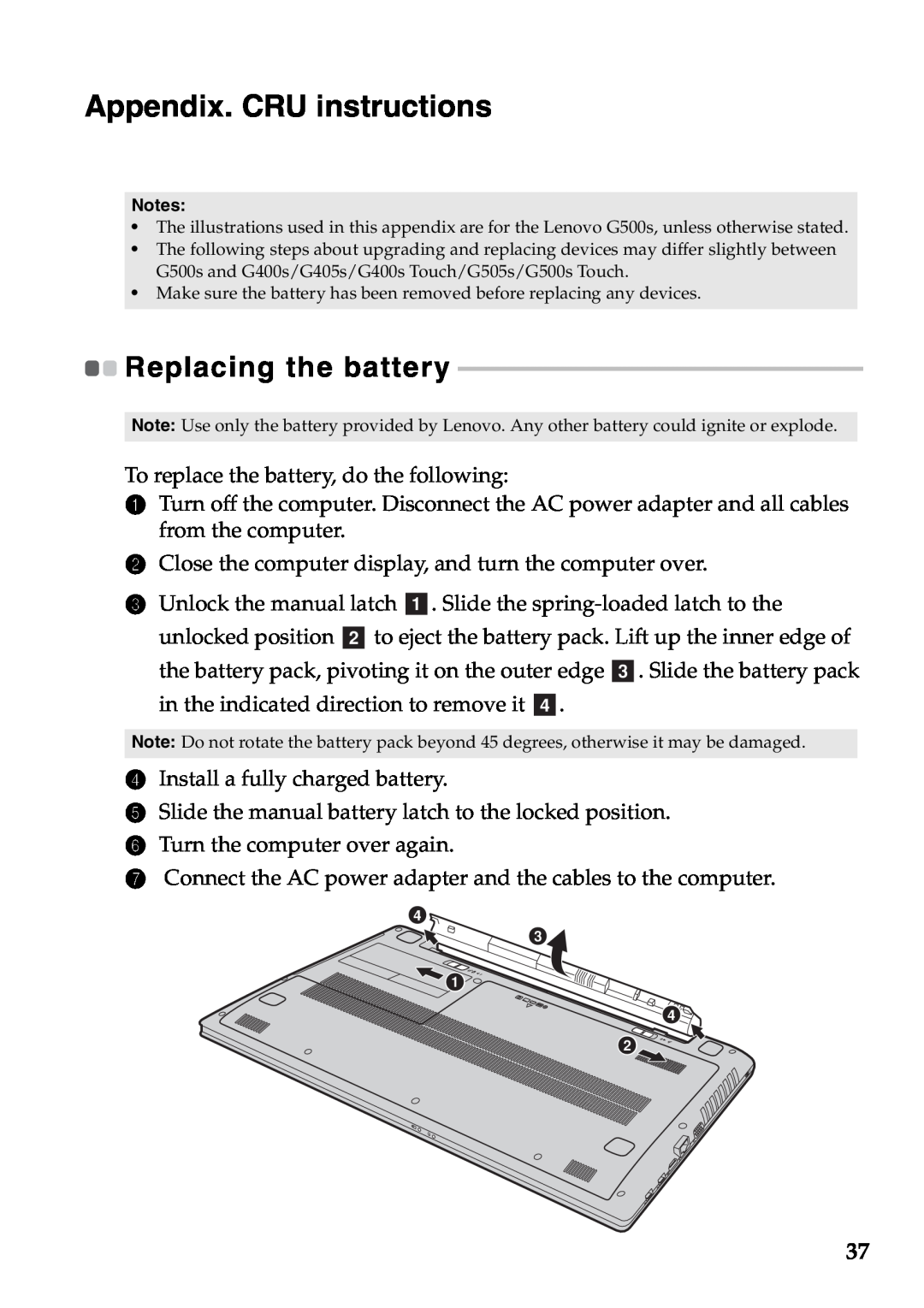 Lenovo 59373026, 59373006 manual Appendix. CRU instructions, Replacing the battery 