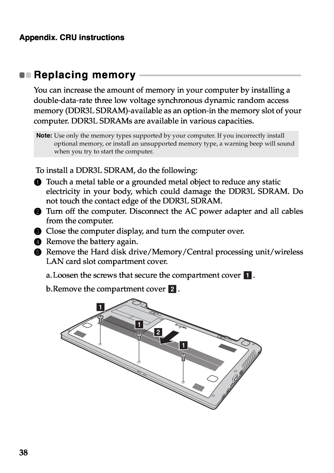 Lenovo 59373006, 59373026 manual Replacing memory, Appendix. CRU instructions, a a b a 
