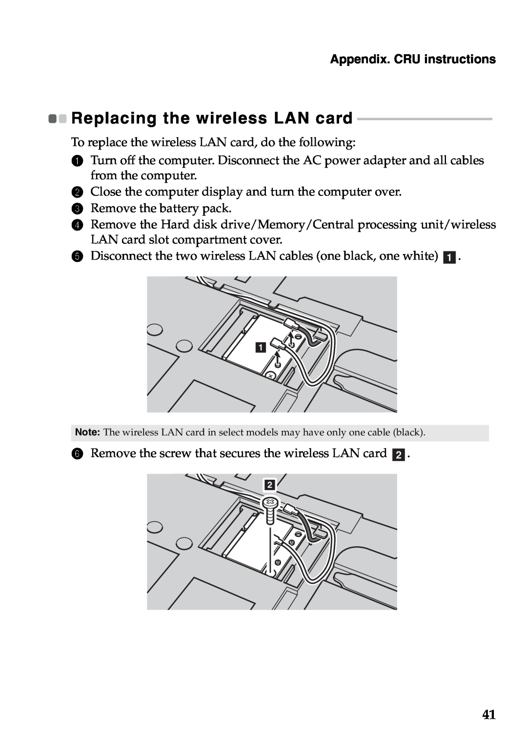 Lenovo 59373026, 59373006 manual Replacing the wireless LAN card, Appendix. CRU instructions 